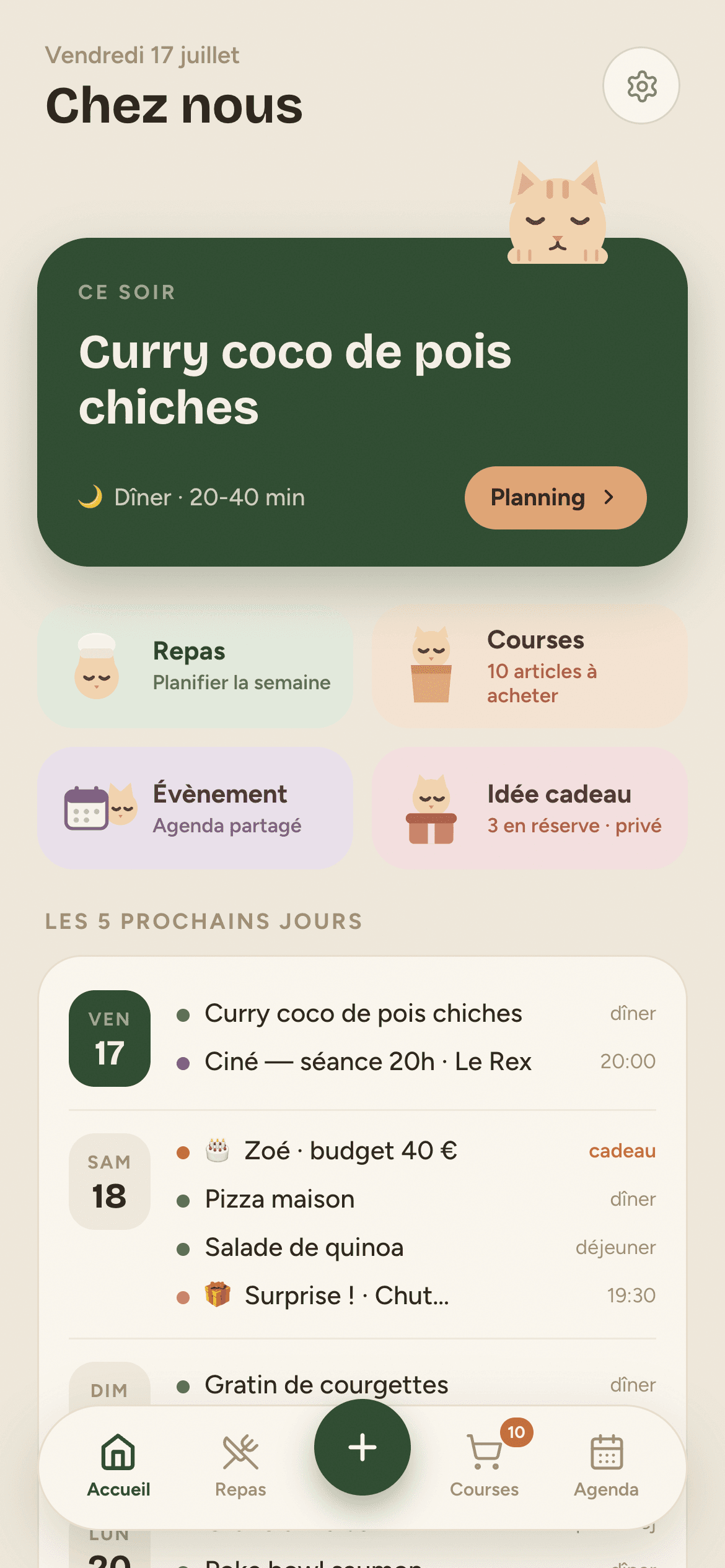 Écran d'accueil de l'app : le repas du soir et les prochains jours du foyer, thème clair
