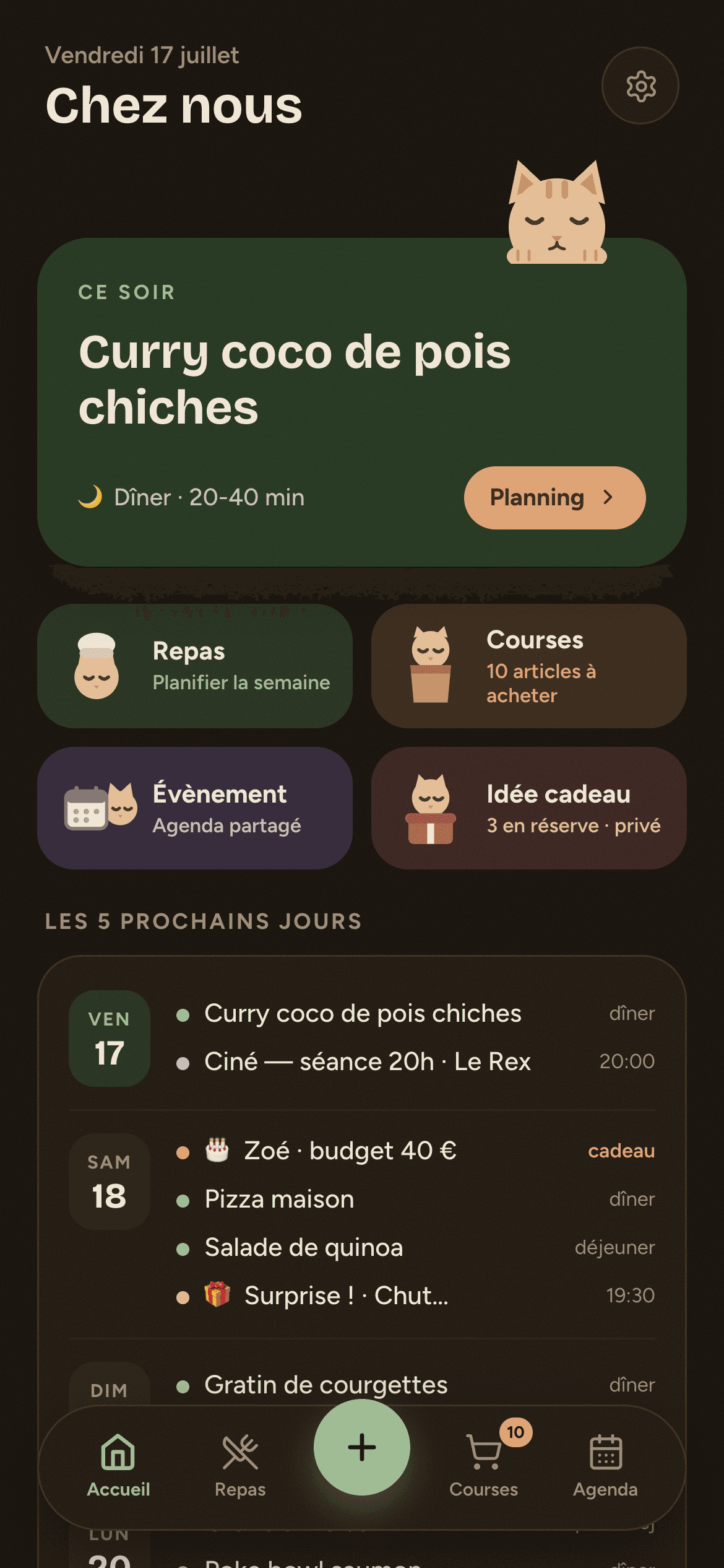 Écran d'accueil de l'app : le repas du soir et les prochains jours du foyer, thème sombre