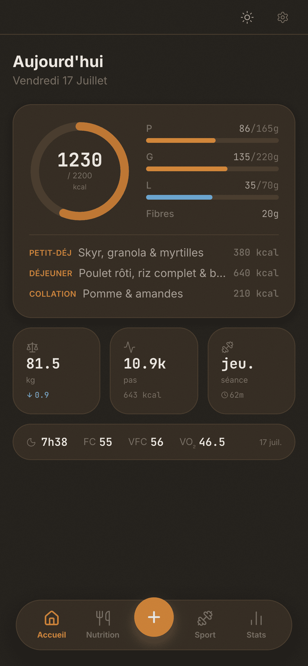 Tableau de bord de l'app nutrition : calories, macronutriments, poids, pas et sommeil de la journée, thème sombre