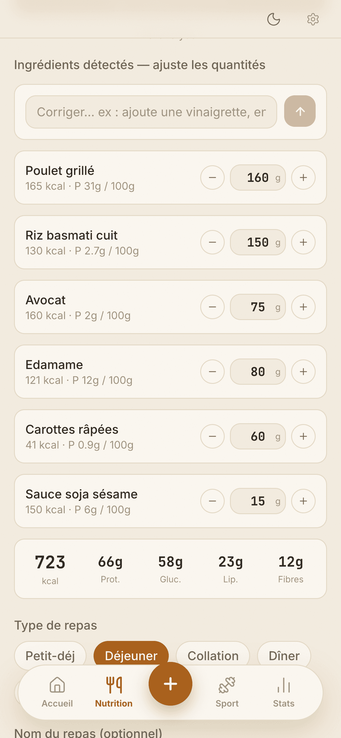 Ingrédients détectés par l'IA, quantités ajustables une à une, thème clair